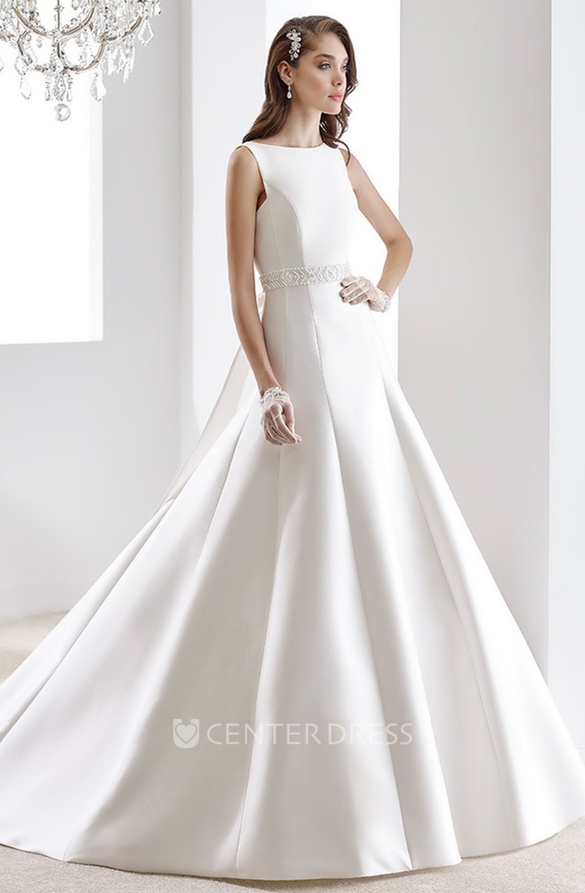 Jewel Neck Satin Wedding Gown With Beaded Belt And One Strap Back