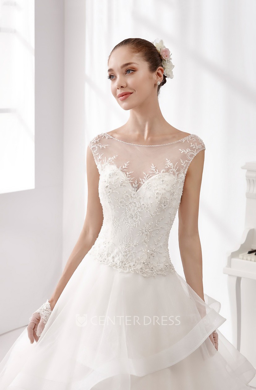 Jewel Neck A Line Wedding Gown With Lace Bodice And Ruffled Skirt